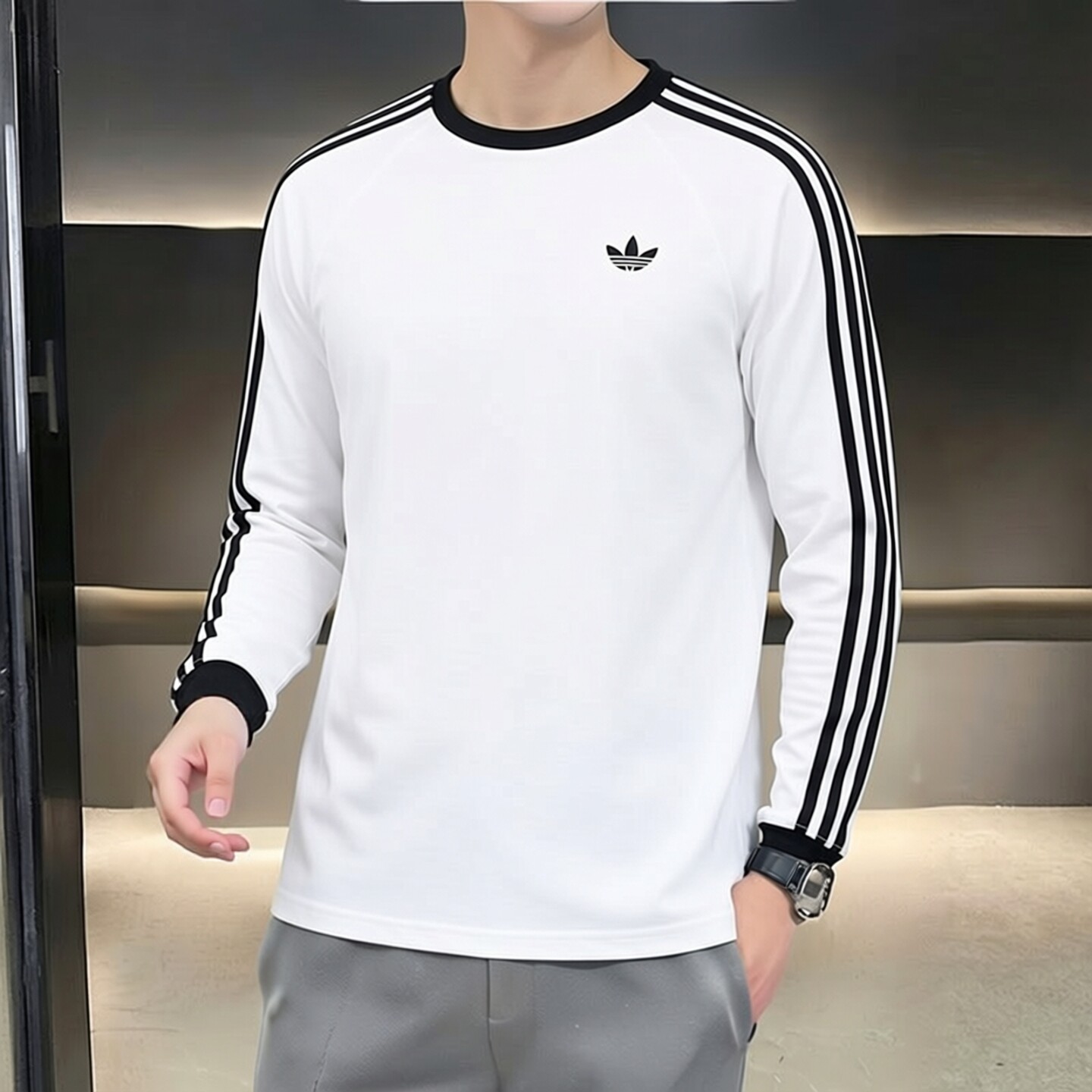 阿迪达斯三叶草男装白色长袖T恤26夏新款圆领套头衫运动服KE3545