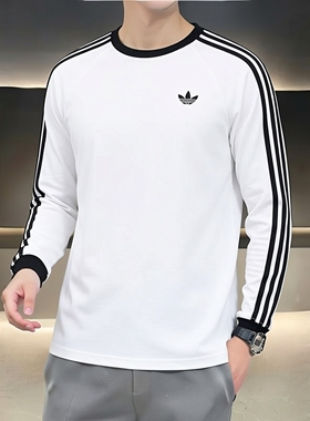 阿迪达斯三叶草男装白色长袖T恤26春新款圆领套头衫运动服KE3545