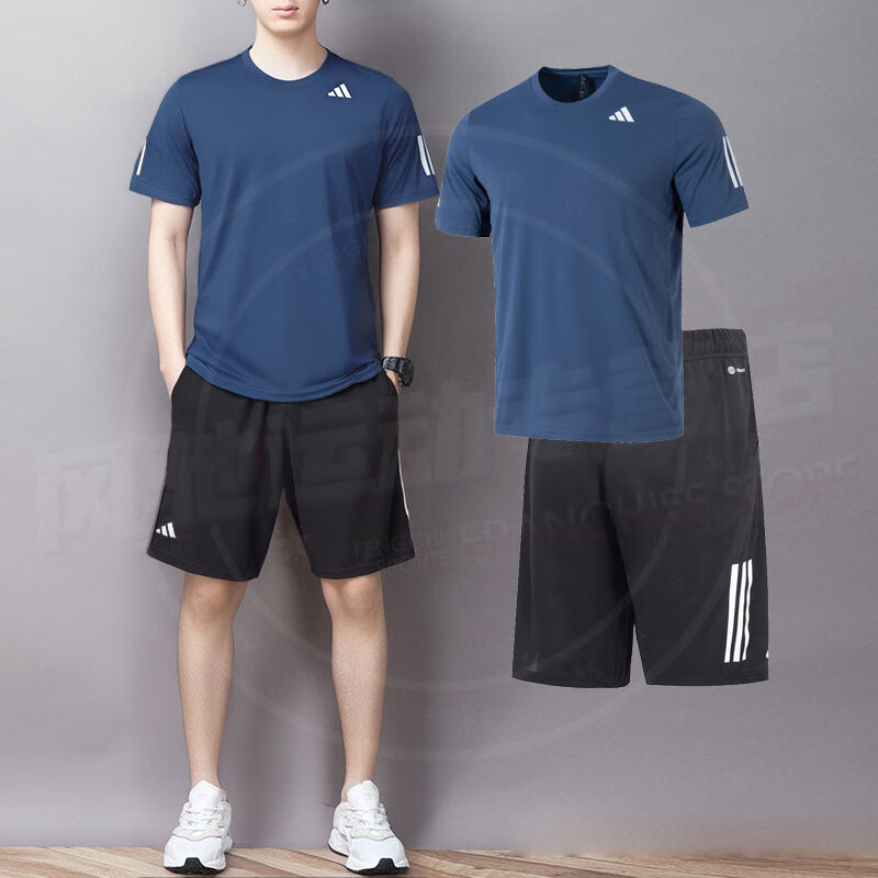 阿迪达斯男装秋季圆领短袖短裤透气跑步运动套装健身训练服T恤