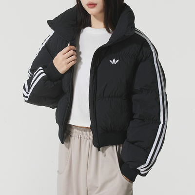 阿迪达斯三叶草女装棉服25新款秋冬保暖短款面包服黑色外套JX2970