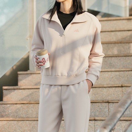 阿迪达斯粉色短款半拉链卫衣女2026新款运动套头衫休闲长袖KH0206