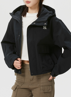 MLB黑色梭织短款外套新款连帽夹克工装运动服休闲上衣3FWJB0161