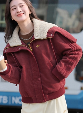阿迪达斯三叶草新年款红色外套女装26新款冬保暖毛绒领棉服KT0723