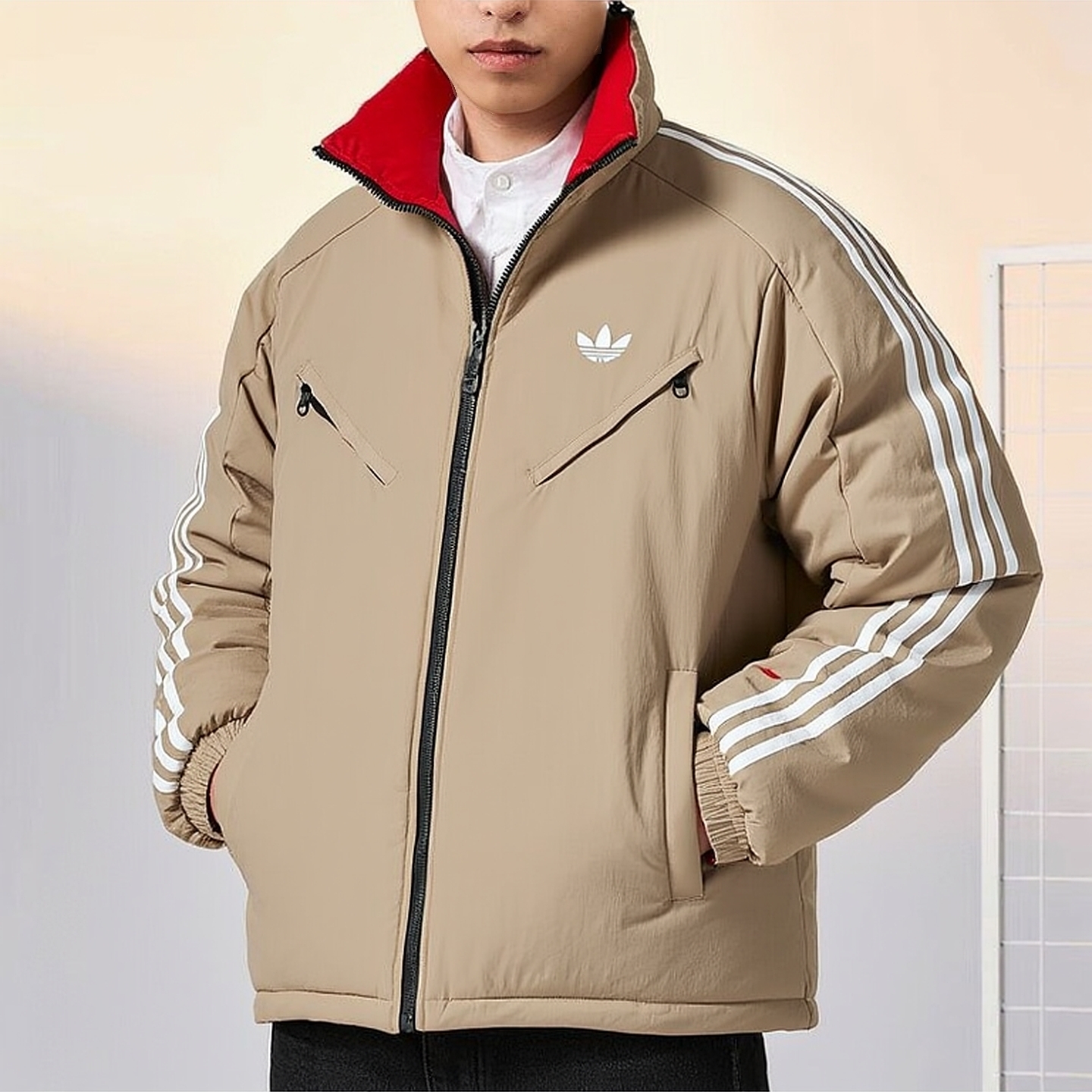 阿迪达斯双面穿棉服男女厚外套25新年款红色运动服保暖立领棉衣