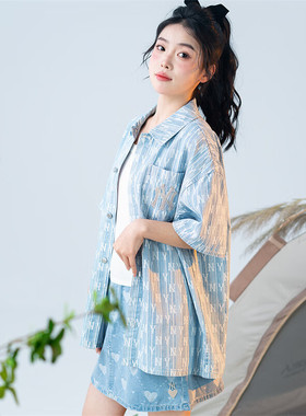 MLB天蓝色牛仔衬衫冬季短袖外套官方ny老花男女运动开衫3ADRM1043