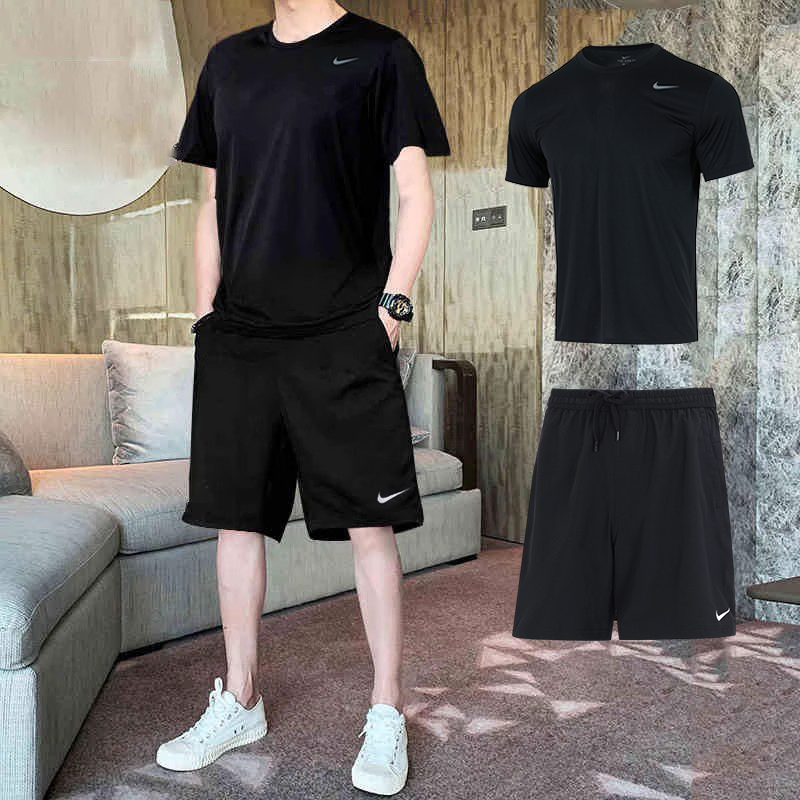 Nike耐克男运动黑色短袖T恤短裤冬季透气跑步健身训练服休闲套装