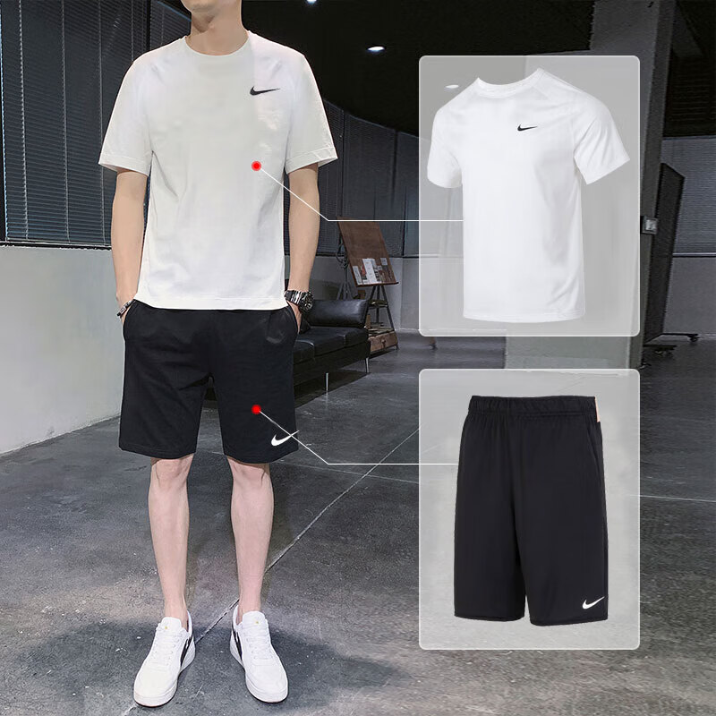 Nike耐克男装秋季运动套装透气休闲白色短袖T恤短裤跑步健身衣