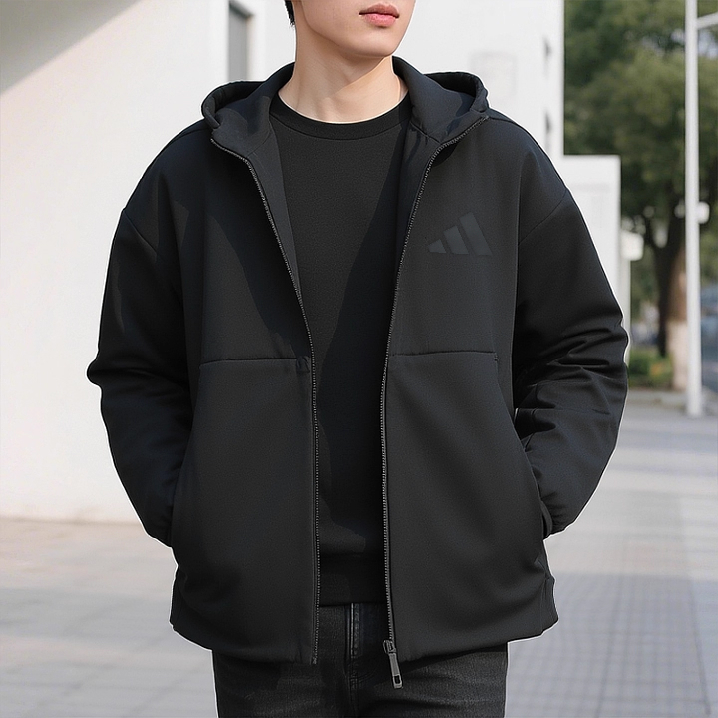 adidas阿迪达斯连帽外套男25秋新款休闲针织跑步夹克运动服JE7538