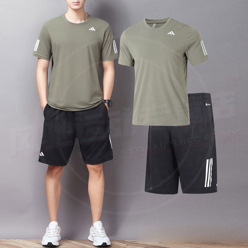 阿迪达斯男装冬季圆领短袖短裤透气户外跑步运动套装健身训练T恤