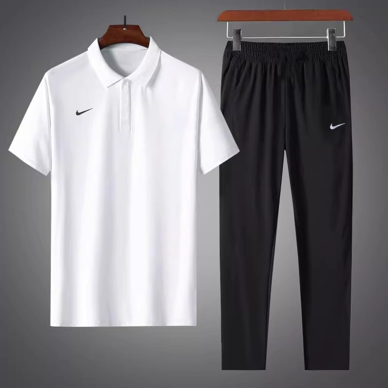 NIKE耐克休闲套装男白色短袖POLO衫长裤子跑步健身运动T恤两件套
