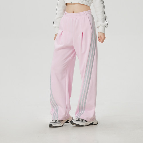 阿迪达斯女裤粉色针织直筒长裤子2026夏季新款休闲裤运动裤KS0035