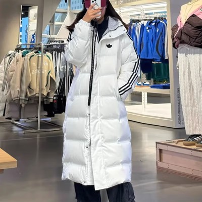 阿迪达斯三叶草男女款厚外套25秋季三条杠白色长款羽绒服JJ4968
