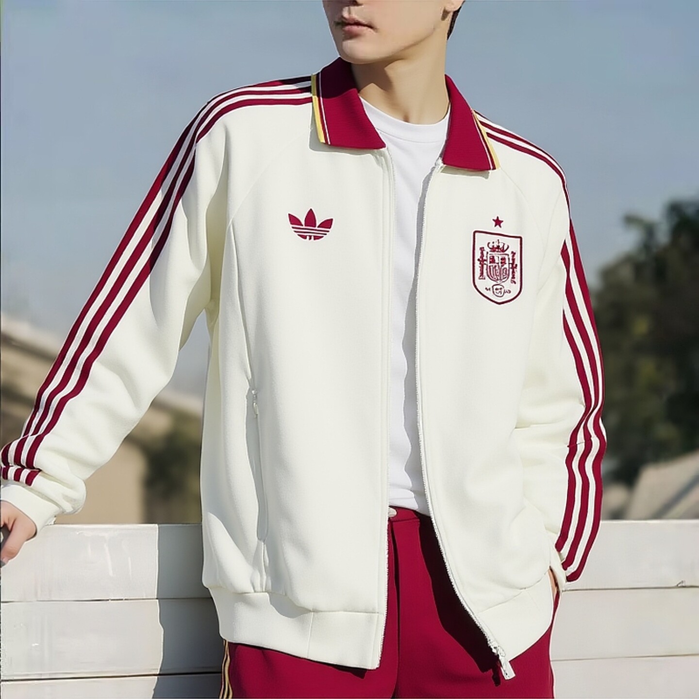 阿迪达斯男装针织夹克外套红白色26春季新款休闲跑步运动服JZ2249