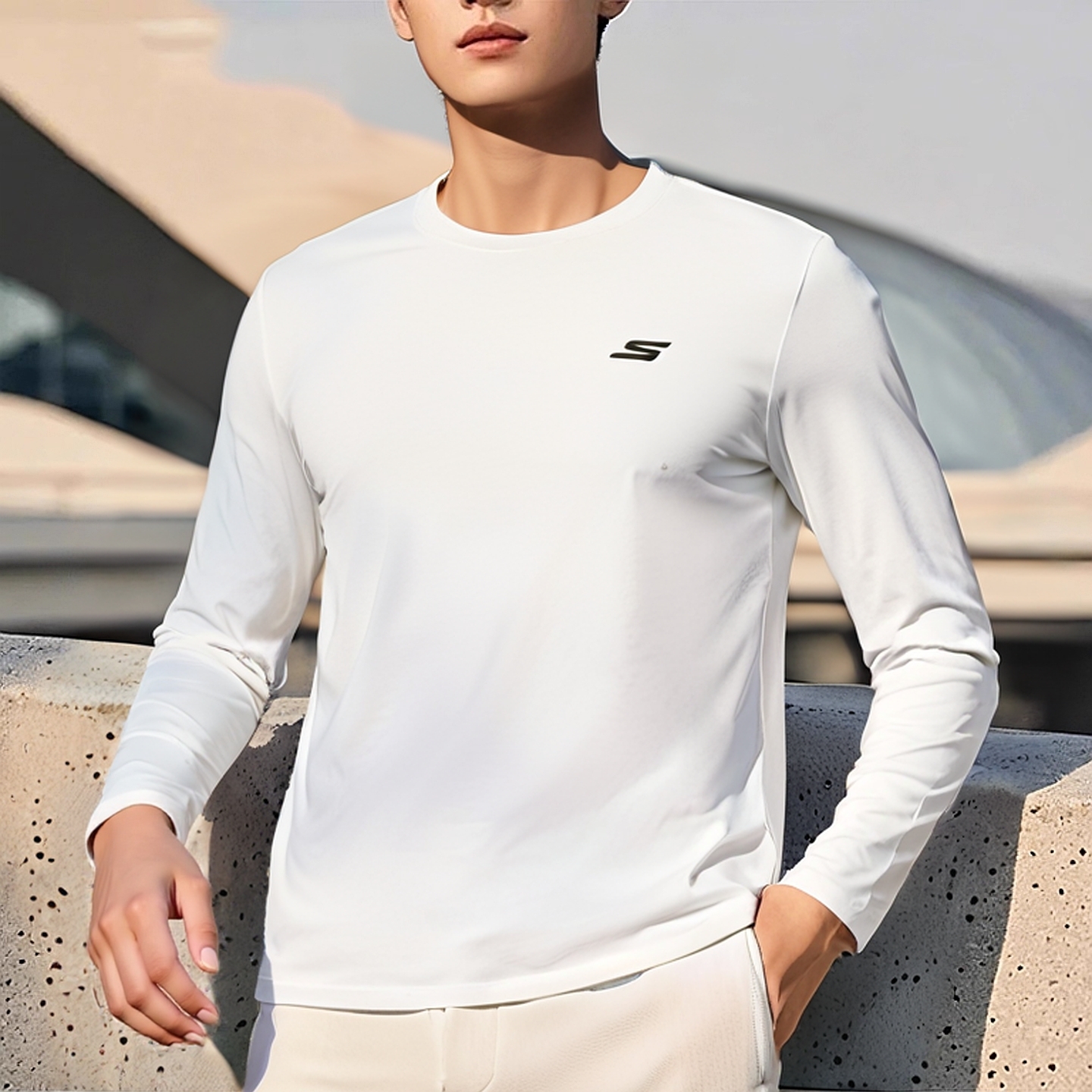 斯凯奇圆领长袖T恤男2025秋季新款透气上衣圆领打底衫跑步运动服