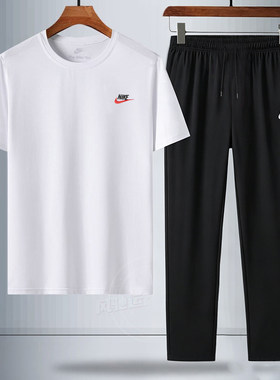 NIKE耐克短袖白色运动T恤直筒长裤子纯棉男子休闲服男装透气套装
