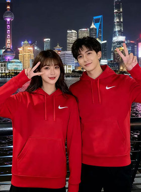 NIKE耐克情侣连帽红色卫衣25新年款跨年长袖套头衫男女宽松运动服