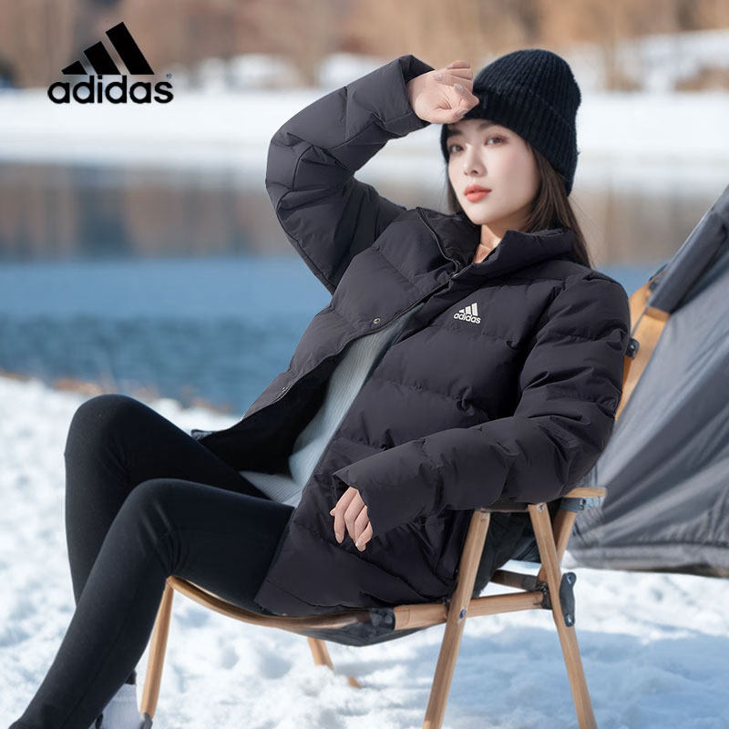 阿迪达斯羽绒服女装26夏季新款黑色运动服潮流休闲衣加厚保暖外套