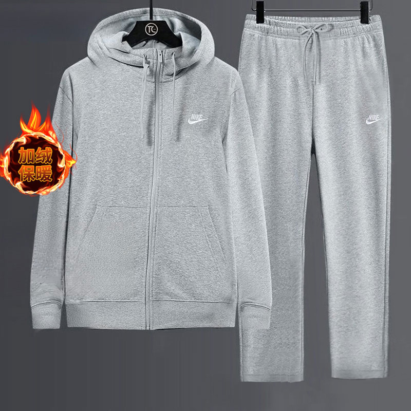 nike套装灰色两件套男子休闲运动套装加绒保暖卫衣卫裤外套长裤潮