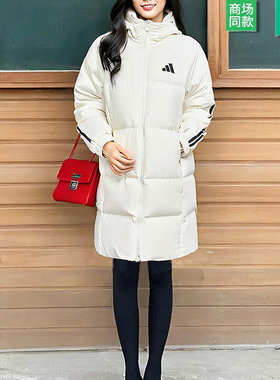 阿迪达斯白色中长款羽绒服女装25春新款及膝运动服保暖棉羽JG3856