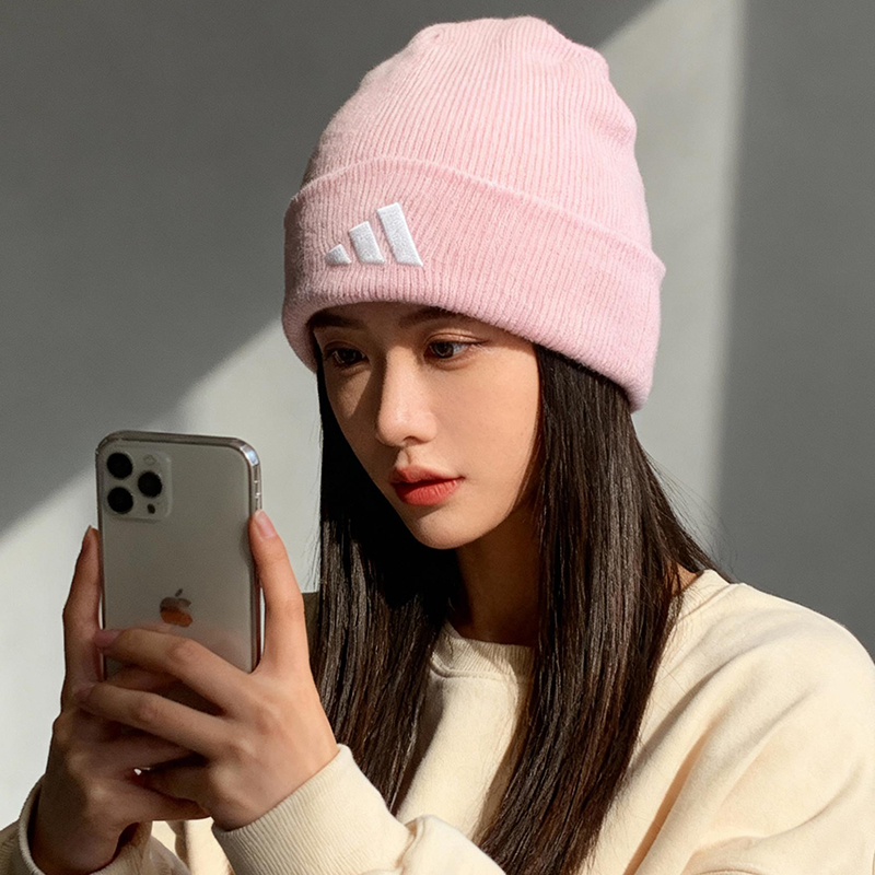阿迪达斯针织毛线粉色冷帽男女秋冬季户外运动帽骑行保暖翻边休闲