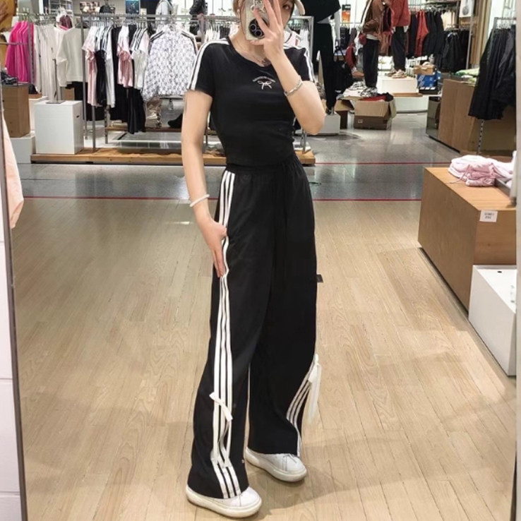 阿迪达斯春季黑色运动套装女装短袖长裤26新款宽松修身T恤直筒裤