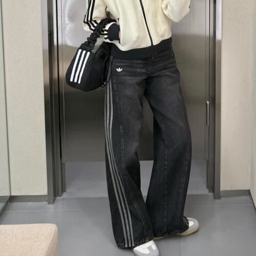 阿迪达斯三叶草牛仔裤女裤26夏季新款休闲拖地阔腿裤直筒裤JX6865