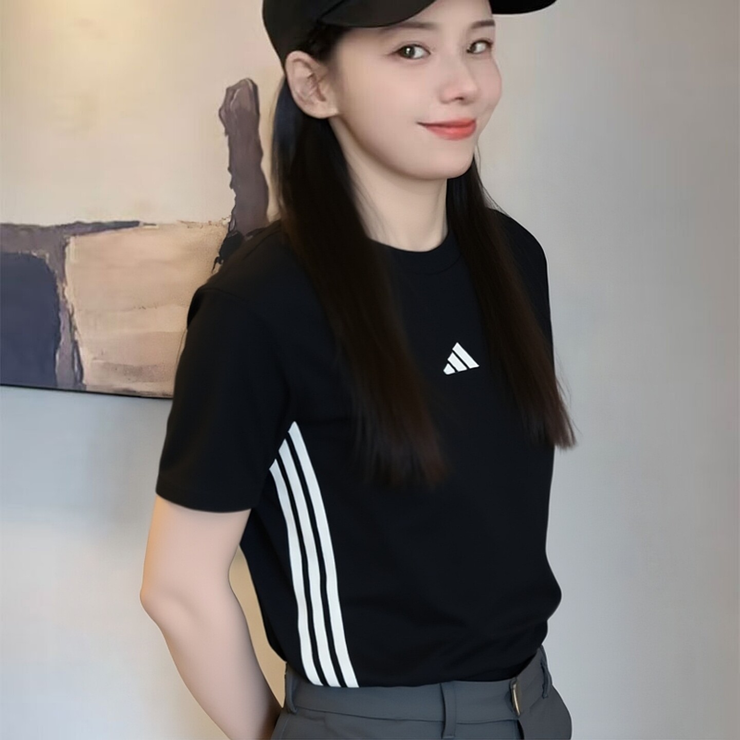阿迪达斯黑色短袖女装运动T恤26秋季新款三条纹休闲透气JD0846图片