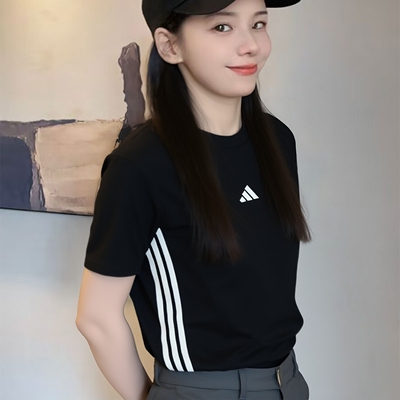阿迪达斯黑色短袖女装运动T恤26夏季新款三条纹休闲透气JD0846