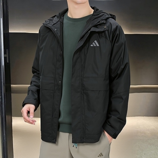 阿迪达斯男装梭织连帽夹克外套26春新款加绒保暖黑色运动服KR2493
