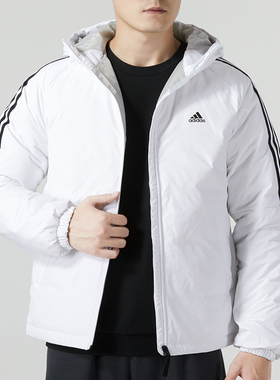 阿迪达斯白色羽绒服男装厚外套26夏季保暖连帽短款运动服IT8728
