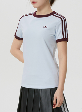 阿迪达斯三叶草女蓝色短袖T恤26新款3S TEE SLIM跑步运动服KD3684