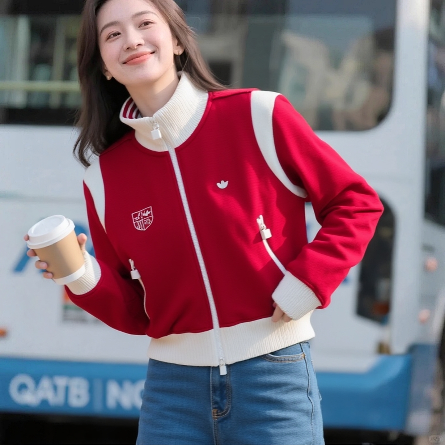 阿迪达斯三叶草女装红色外套结婚25新年款立领短休闲运动服KG8221