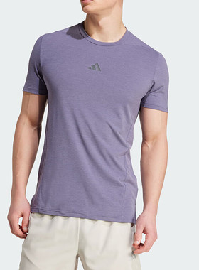 阿迪达斯男装紫色短袖T恤2025冬季新款透气运动服圆领半袖JX3289