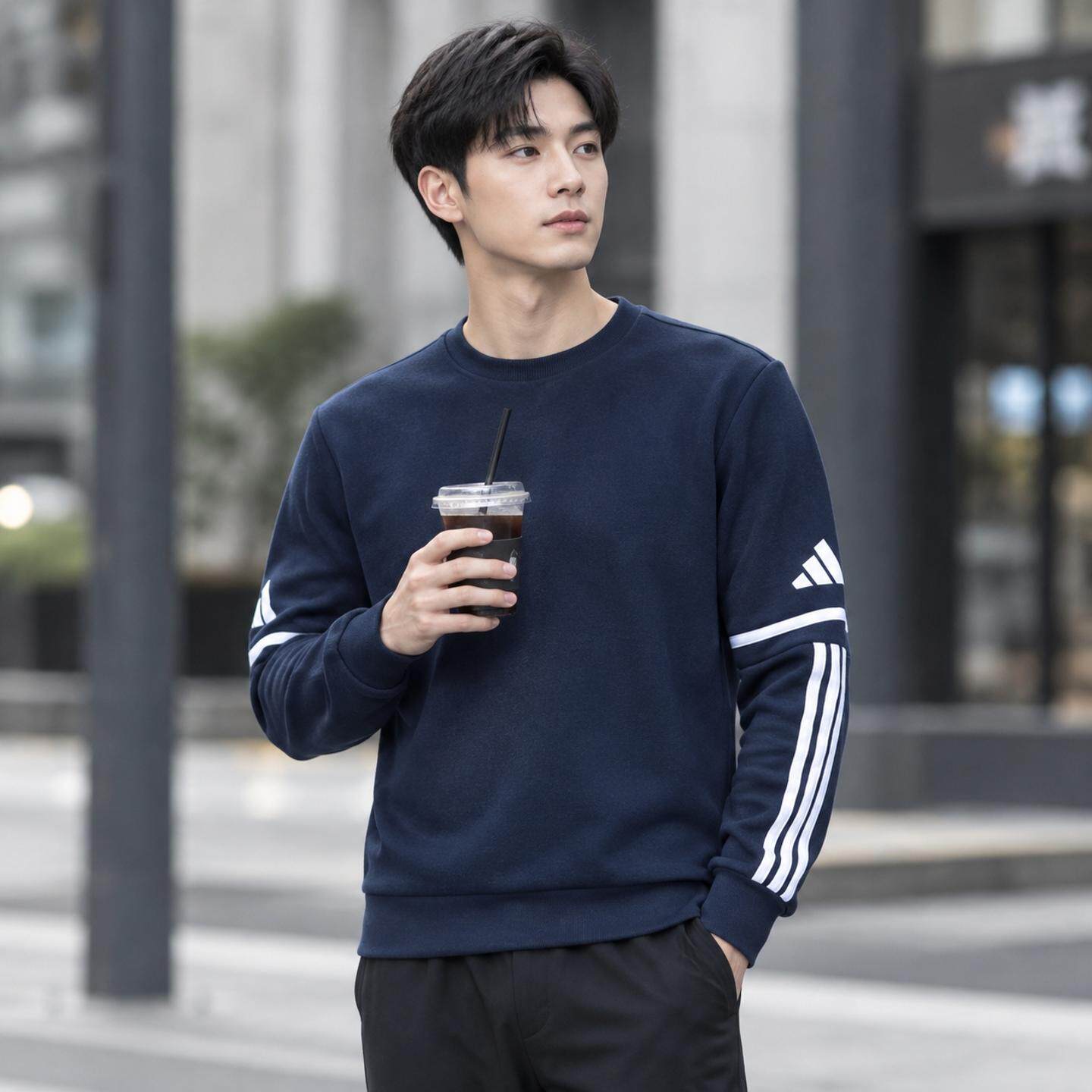 阿迪达斯adidas男装蓝色加绒卫衣秋冬运动服健身训练潮流套头衫