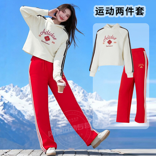 阿迪达斯女装马年新年款运动套装白色连帽卫衣直筒长裤子套头衫