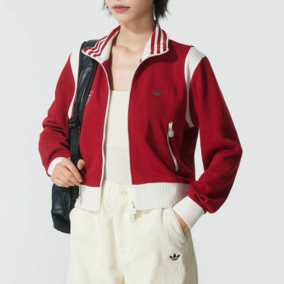 阿迪达斯三叶草外套女装红色25冬季立领短款休闲针织运动服KG8221