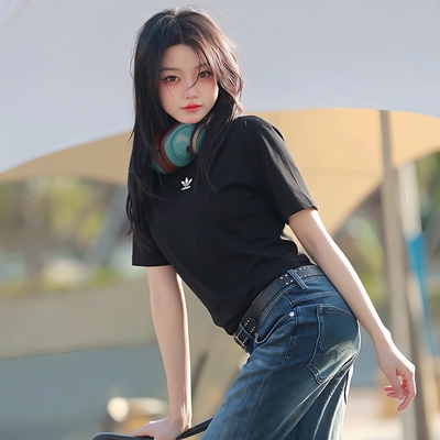 adidas阿迪达斯三叶草短袖女2026夏季黑色纯棉透气运动T恤IY7321