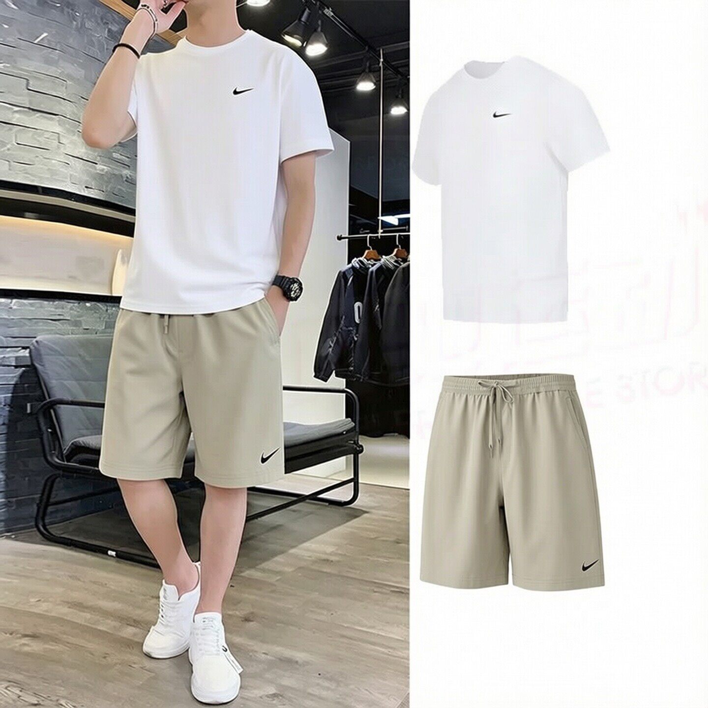 耐克男装春季白色短袖T恤卡其色短裤训练健身服跑步休闲运动套装