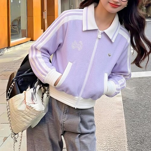 阿迪达斯女装浅紫色针织夹克外套短款26秋季新款休闲运动服KY2151