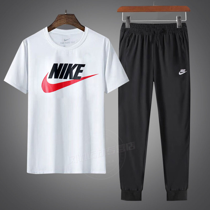 Nike耐克男装休闲两件套运动套装白色短袖收口长裤子休闲跑步T恤