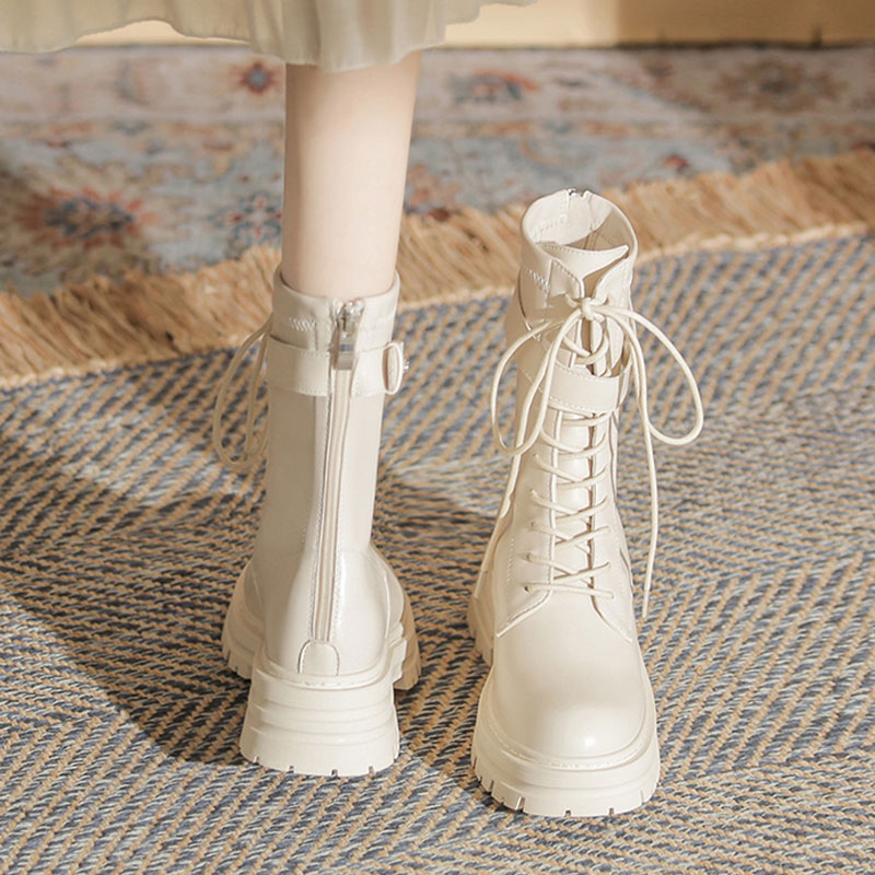 牛皮版！白色马丁靴女厚底中筒靴