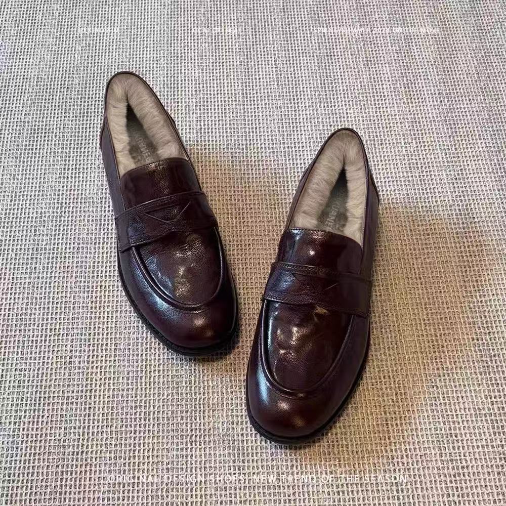 小个子增高4cm粗跟加绒乐福鞋