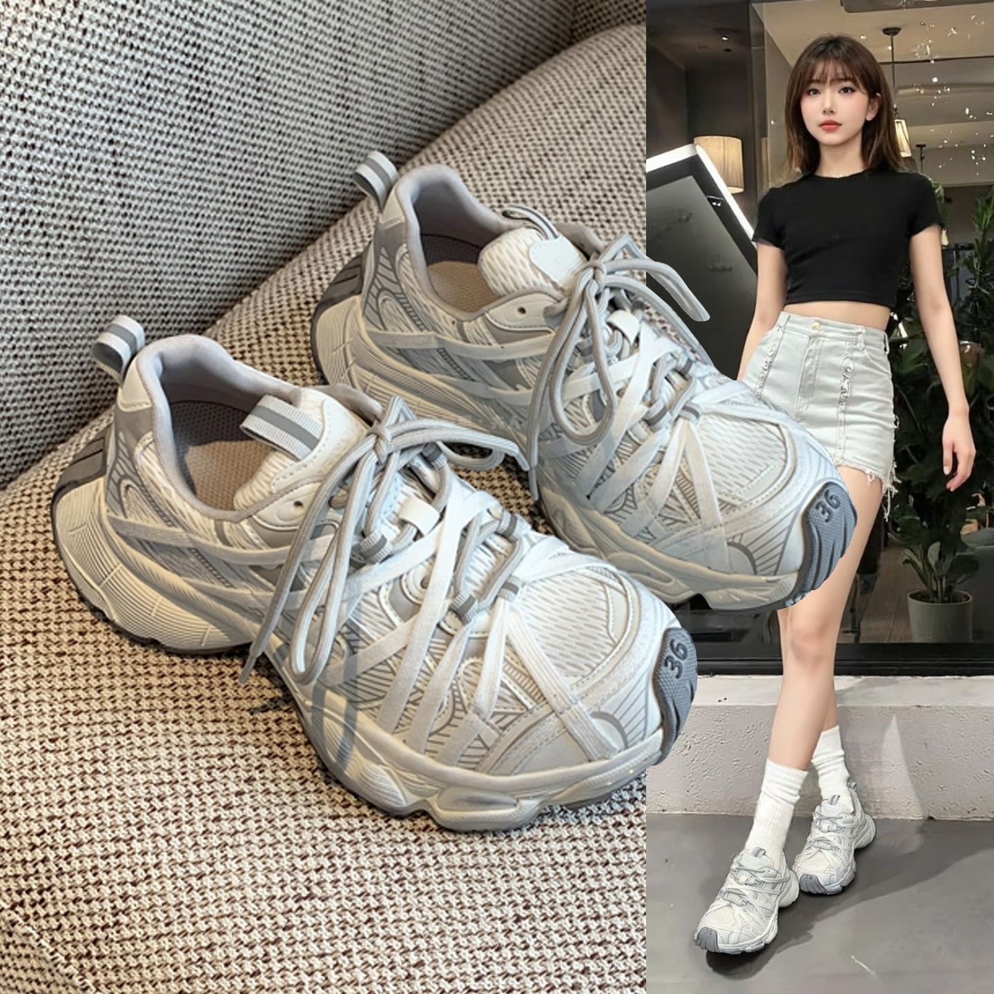 真皮做旧绑带巴黎老爹鞋2025夏季新款网面透气百搭增高时尚休闲鞋