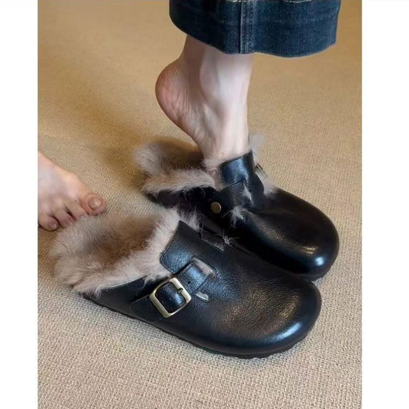 牛皮版~一脚蹬懒人毛毛勃肯鞋女