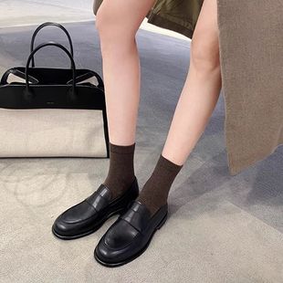 英倫風(fēng)小皮鞋 牛皮樂福鞋 女2025秋冬季 新款 復(fù)古一腳蹬絨面平底單鞋