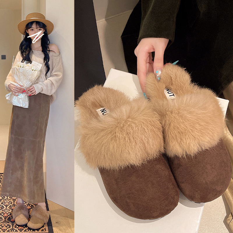 韩版毛毛鞋女包头平底外穿懒人鞋冬季保暖外穿一脚蹬日常羊毛拖鞋