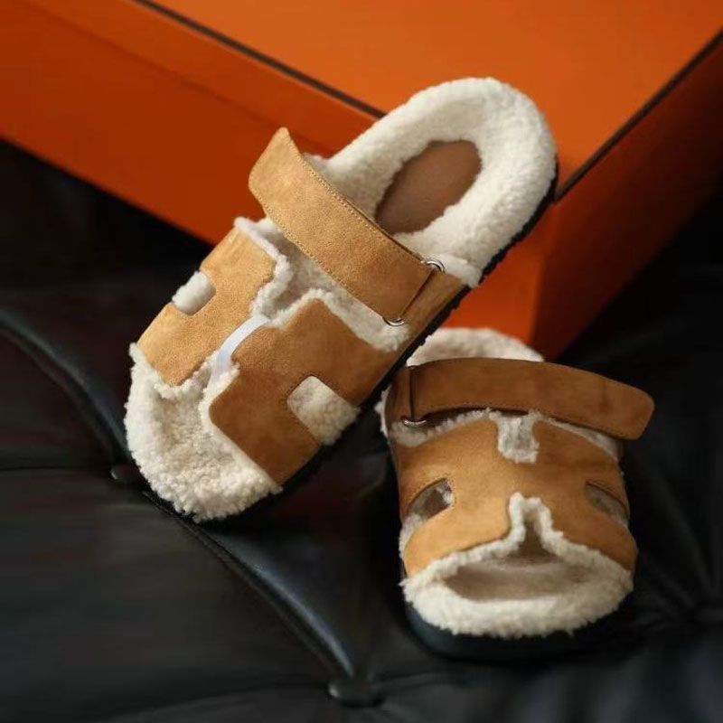 2025年秋冬季新款二舅鞋毛拖加绒魔术贴一字厚底栗色外穿毛毛拖鞋