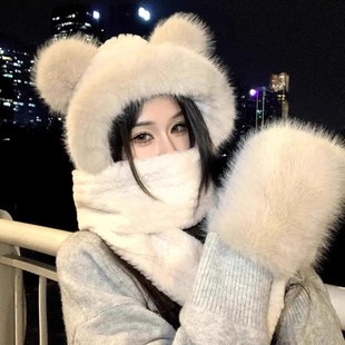 毛绒帽子围巾手套一体女秋冬季2025新款加厚保暖骑车防寒连帽围脖