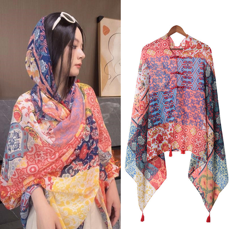 新疆西藏云南旅游穿搭拍照披肩女薄款丝巾防晒民族风盘扣外搭披风