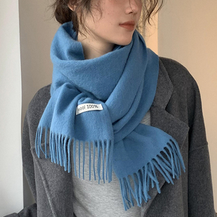 蓝色围巾女秋冬季纯色羊毛羊绒2025新款韩系氛围感加厚披肩两用